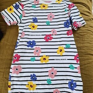 Sonia Rykiel Black and White Striped Fabric with Vibrant Floral Design